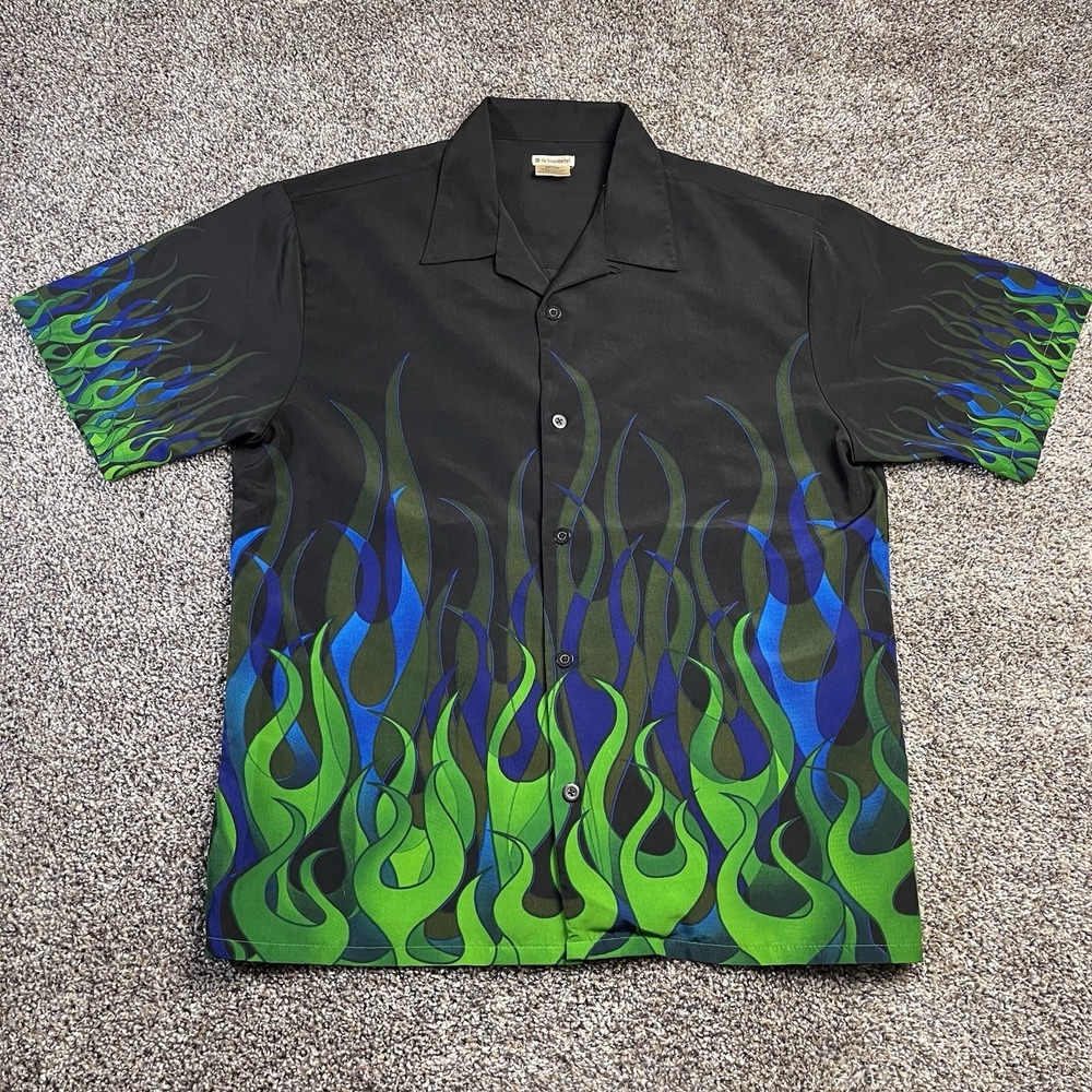 Vintage No Boundaries Button Up Shirt Mens Size M Blue Flames Grunge Y2K Biker